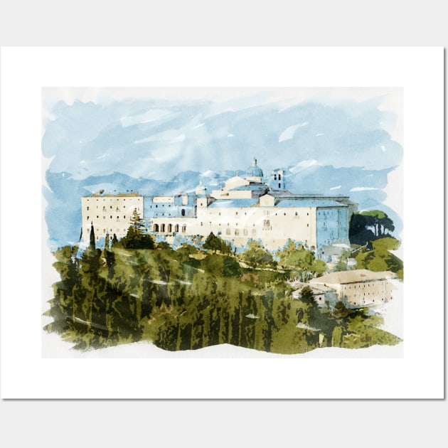 Montecassino Abbey in the Italian Mountains Watercolour Painting Wall Art by Naumovski